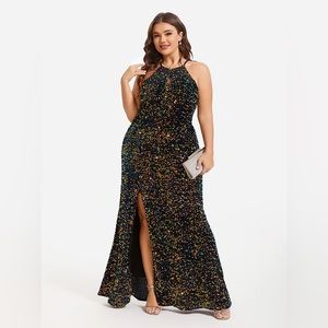 NWT SIZE 3xl (22/24) Halter Neck Split Thigh Sequin Maxi Dress